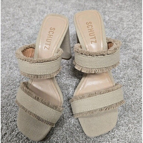 Schutz Amely Linen Double Strap Slip On High Heel Sandals Beige Oyster Size 6 - Picture 6 of 8